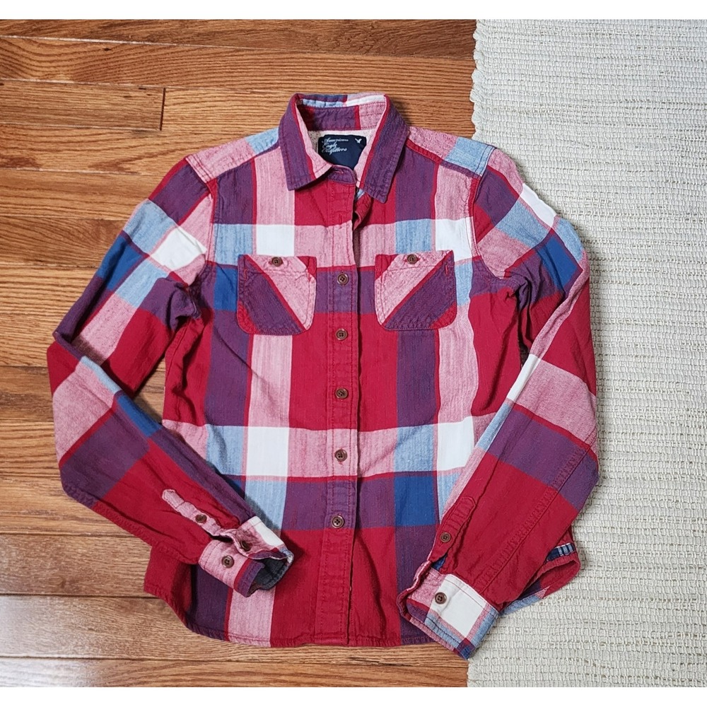 American Eagle Y2K Button Up Plaid Shirt Red Blue Long Sleeve Flannel 2